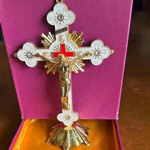 Gold Tone Decorative Crucifix Wall Cross with White Accents